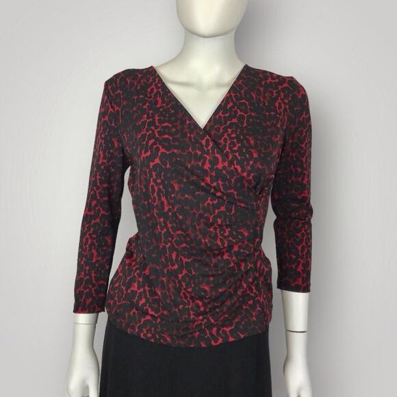 Talbots Blouse Black & Red Animal Leopard Print Dressy V-Neck - Picture 1 of 6